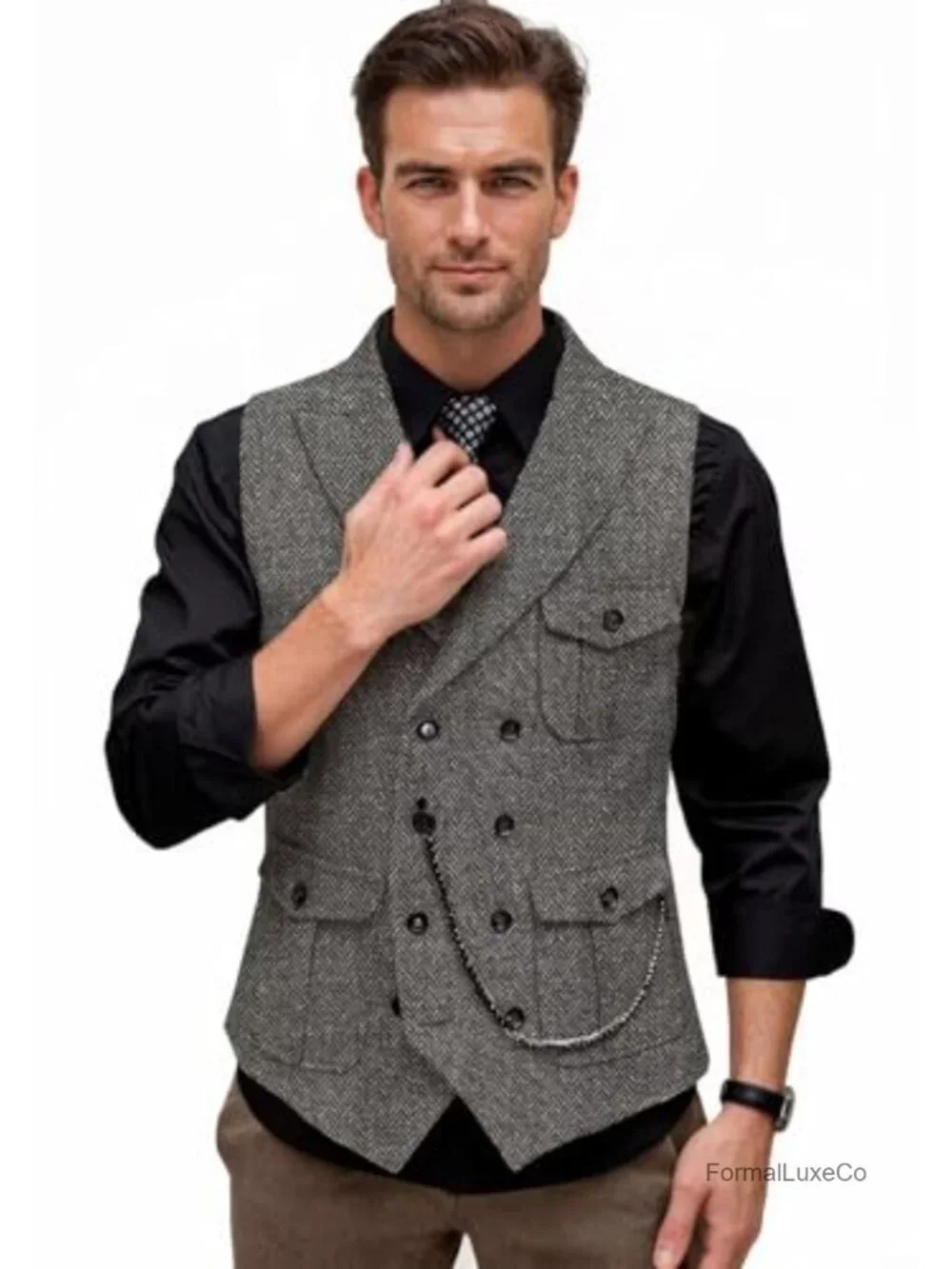 Men's Tweed Double Breasted Vest Herringbone Formal Wedding Waistcoat